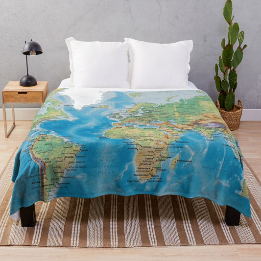 Detailed world map printed on a large, soft plush blanket for homeschooling and geography learning