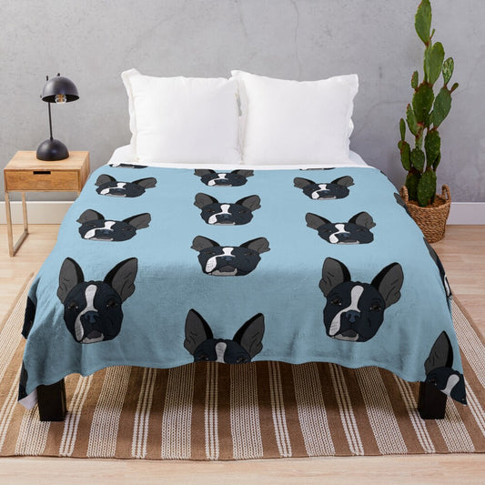 Soft, cozy plush blanket featuring a cute Boston terrier dog with a half-faced design