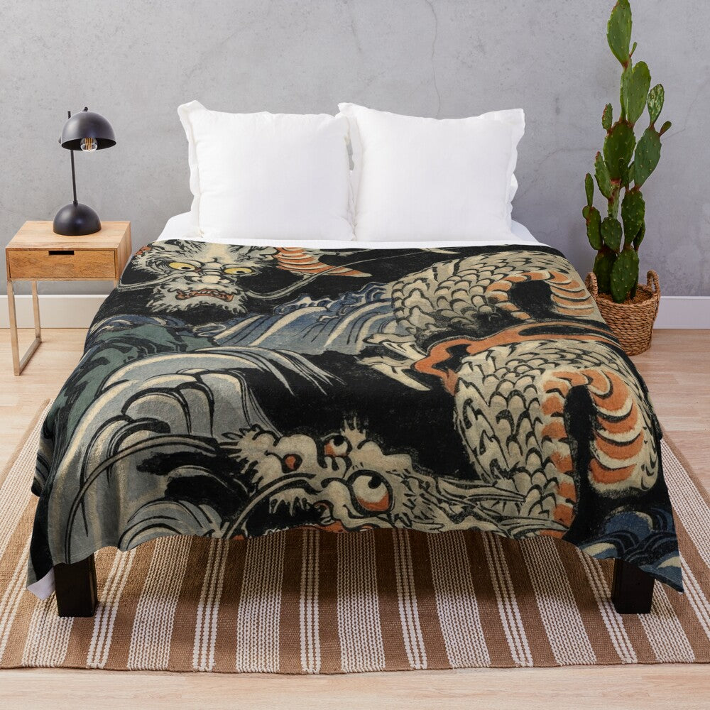 Utagawa Kuniyoshi inspired dragons plush blanket featuring mythical Japanese artwork