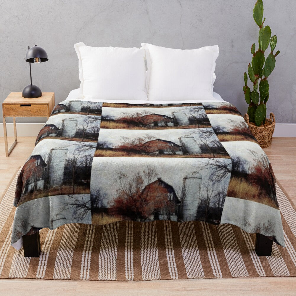 Cozy plush blanket featuring an old weathered barn and silo in an autumn landscape