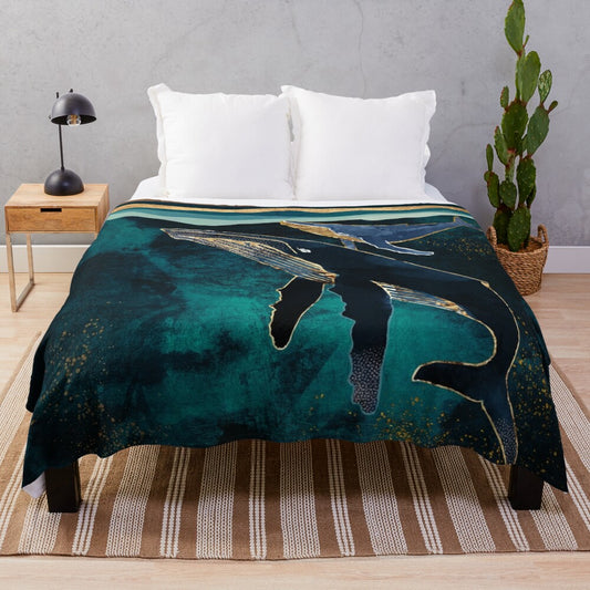 Whales swimming under the moonlight on a plush, cozy blanket