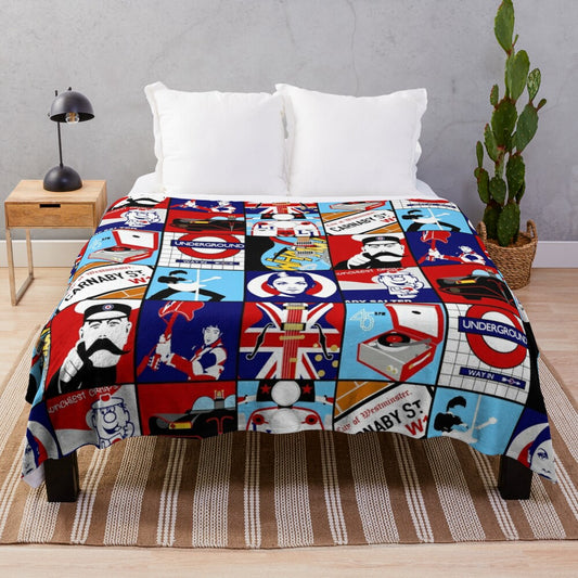 Mod-inspired pop art plush blanket with retro British music icons