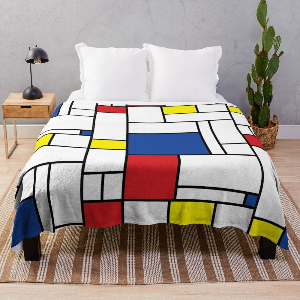 Mondrian-inspired minimalist plush blanket with abstract color block design