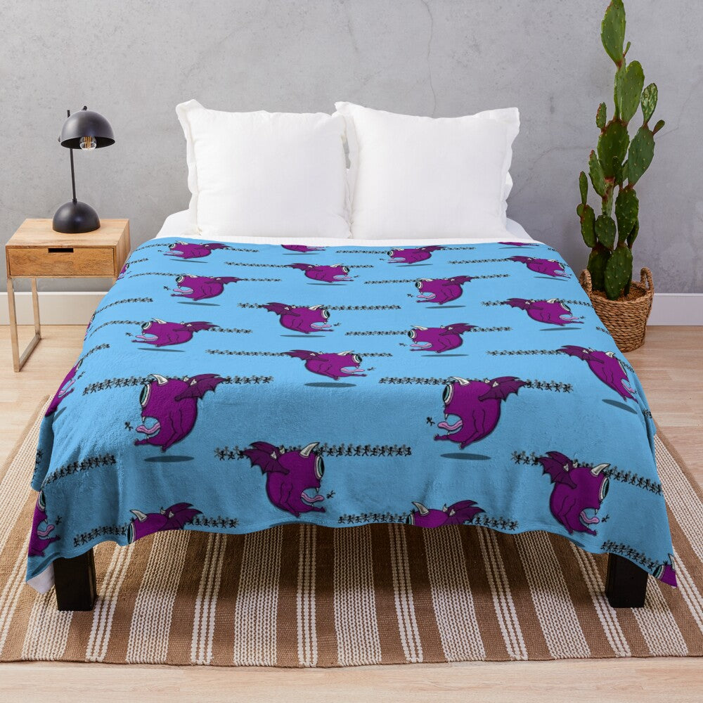 Colorful plush blanket featuring the iconic one-eyed one-horned flying purple people eater monster