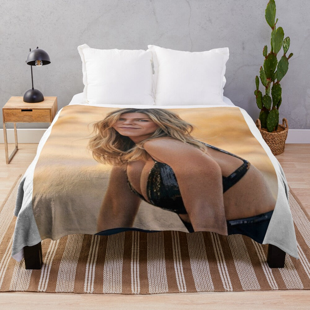 Soft and cozy plush blanket featuring a photo of actress Jennifer Aniston