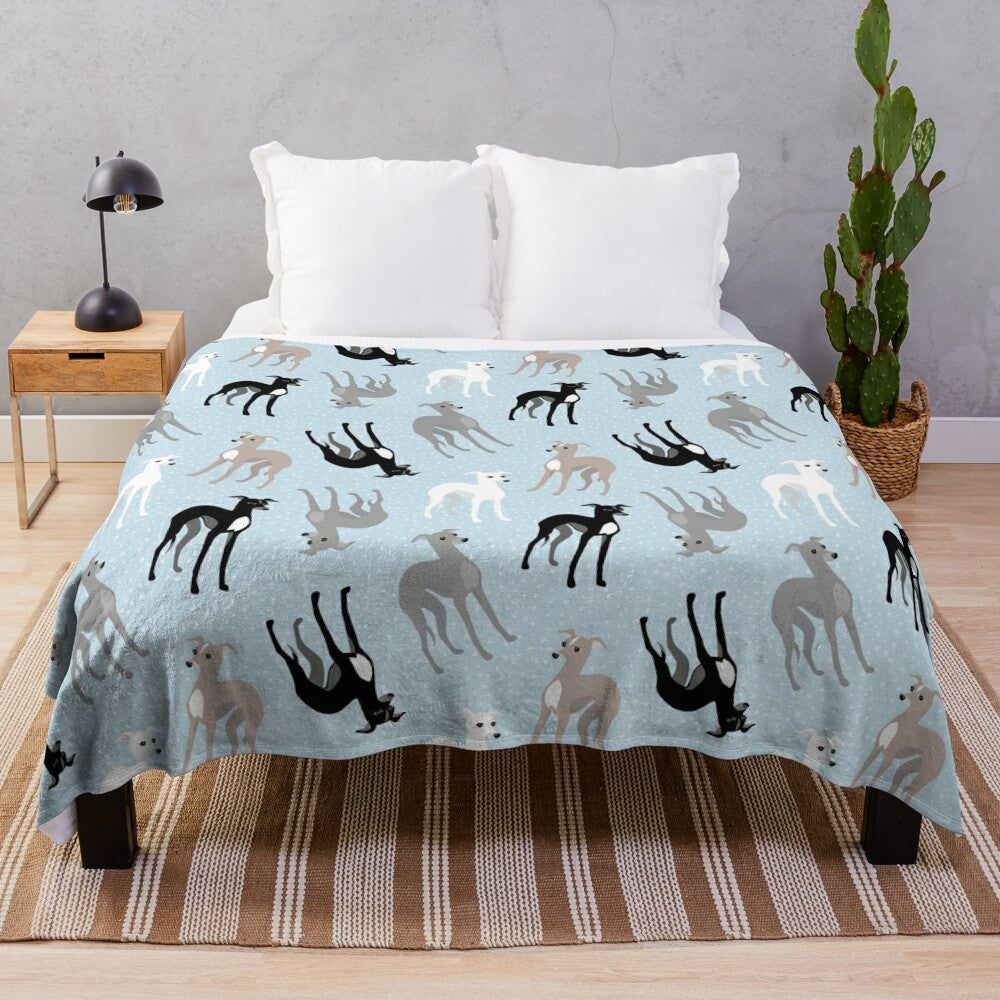 Plush blanket with a retro-style pattern featuring Italian greyhounds and whippets