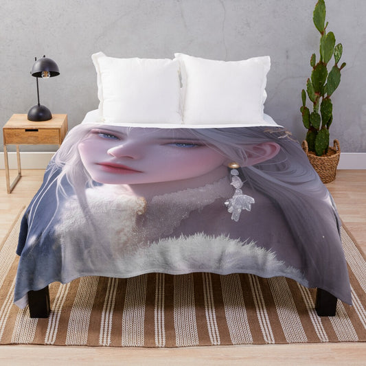 Elegant winter queen portrait on a soft, plush blanket