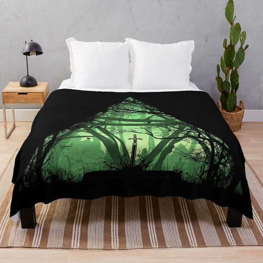 Plush blanket with fantasy landscape and sword design