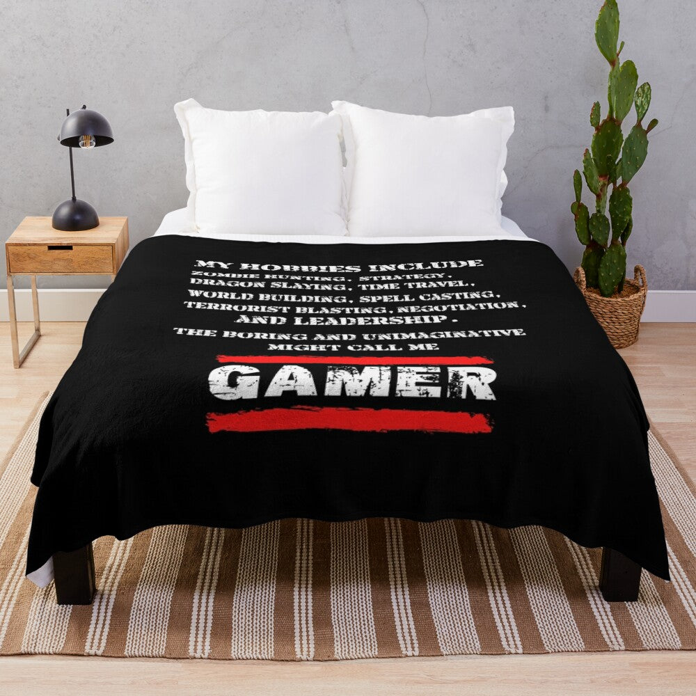 Plush blanket with gaming-themed design and text