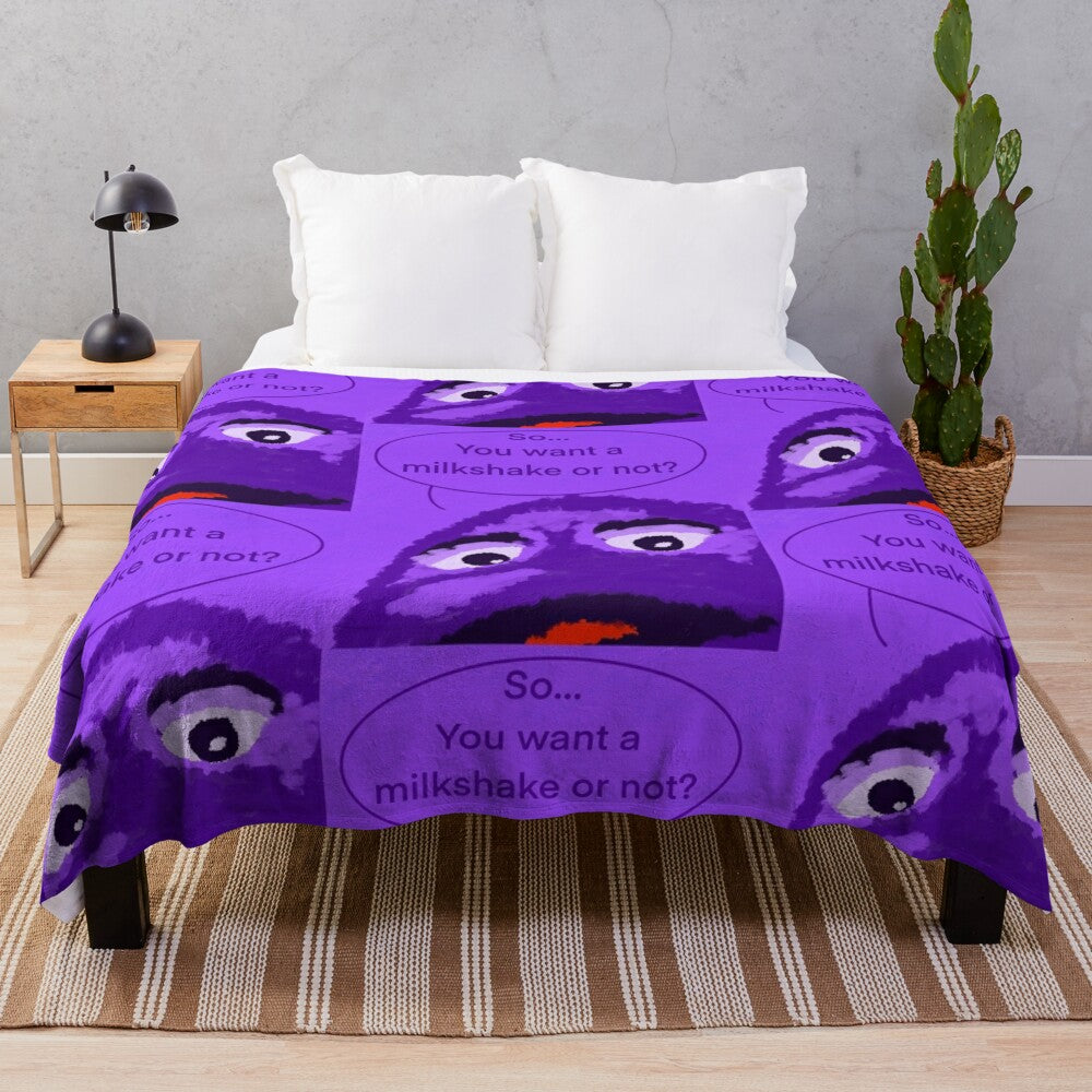 Grimace-inspired plush blanket with cute purple monster design