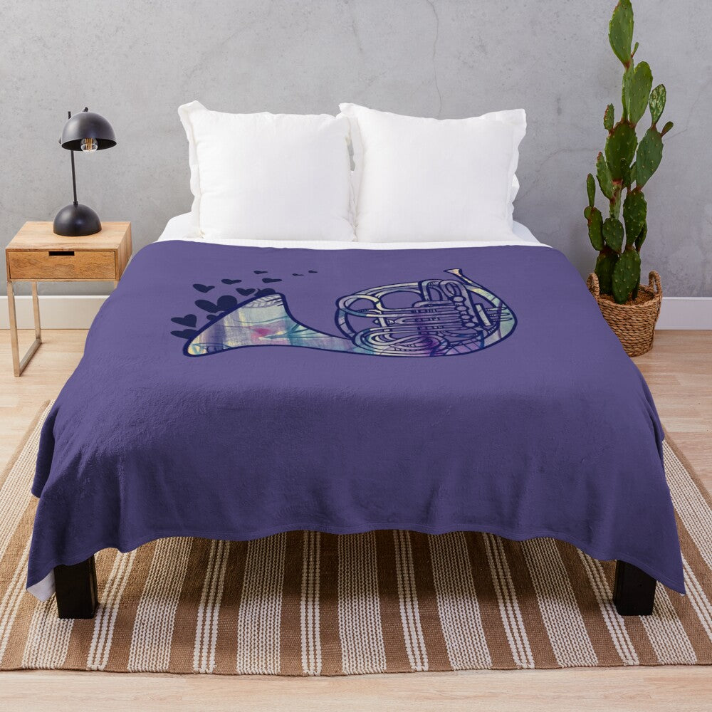 Cozy purple watercolor French horn plush blanket