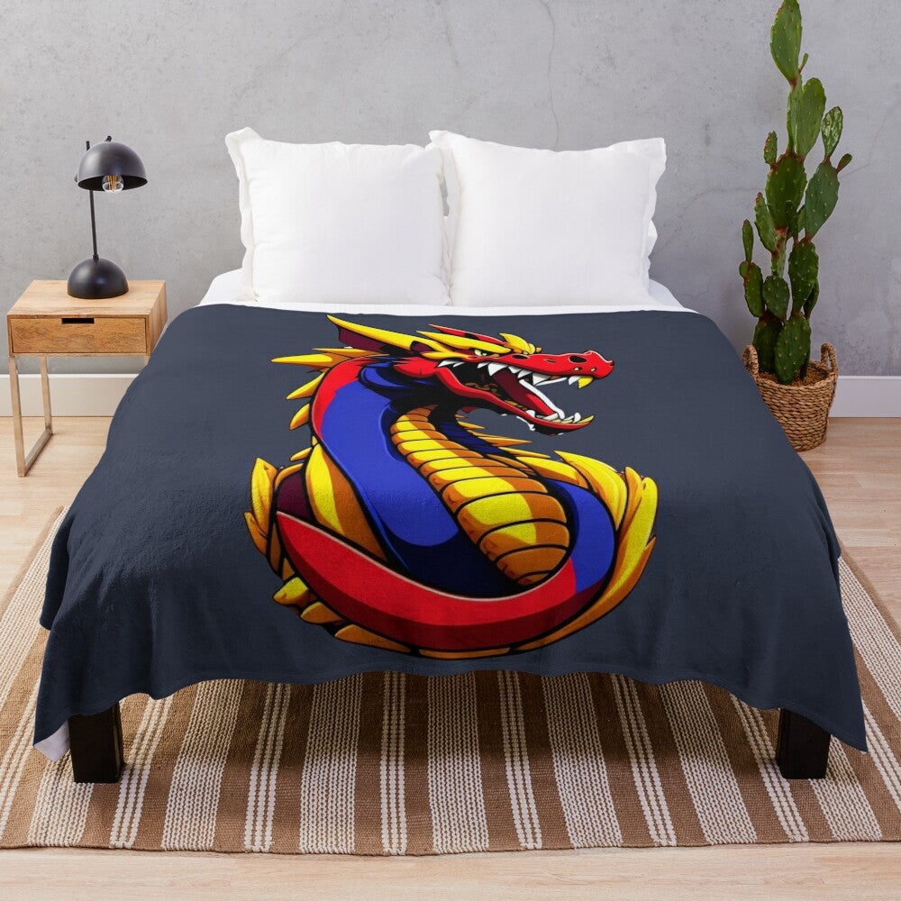 Plush blanket with a detailed dragon illustration in an anime/manga style