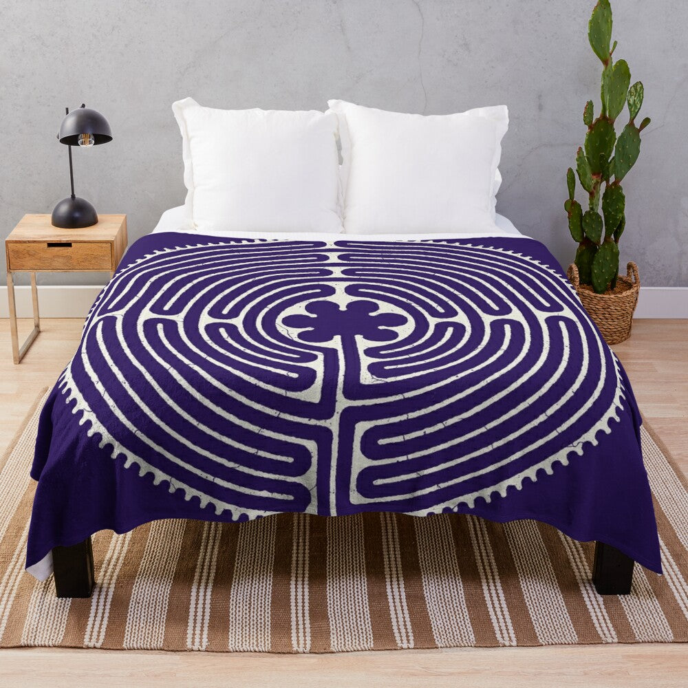 Plush blanket with sacred geometry Chartres labyrinth pattern