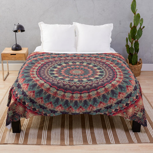 Colorful mandala plush blanket with boho, psychedelic, and floral design