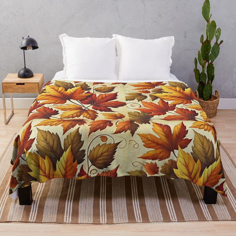 Vintage-inspired plush blanket featuring a detailed, realistic fall leaves design