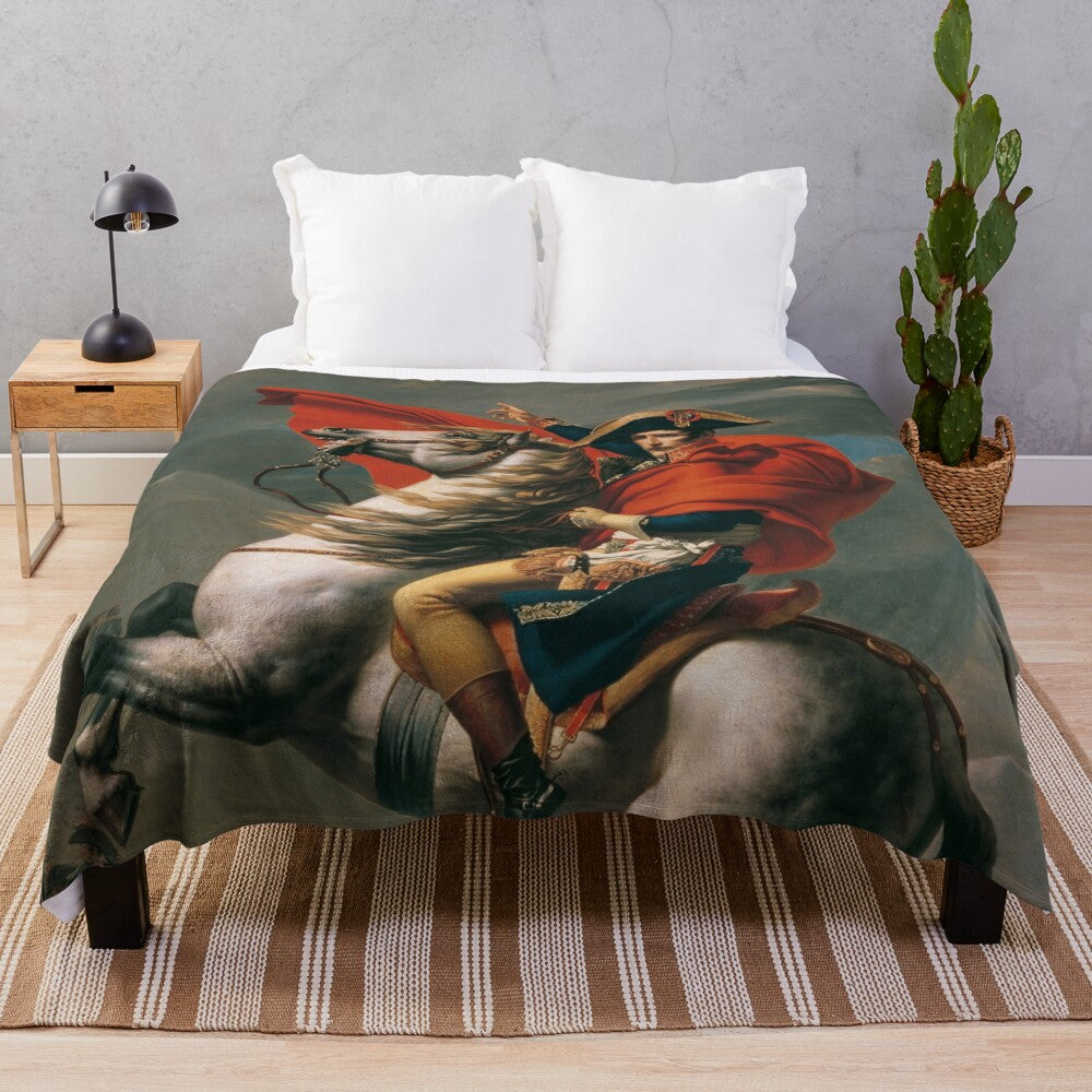 Plush blanket featuring the iconic painting of Napoleon Bonaparte Crossing the Alps by Jacques-Louis David