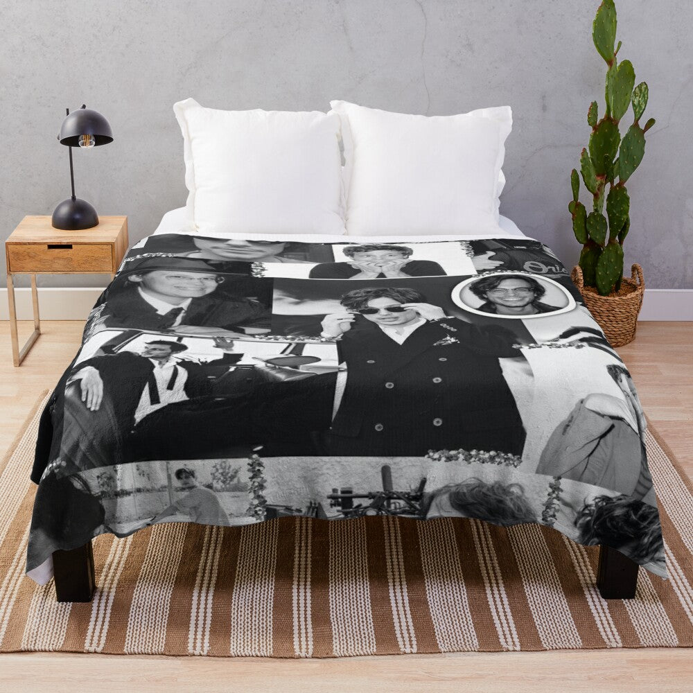 Black and white collage plush blanket with images of actor Matthew Gray Gubler