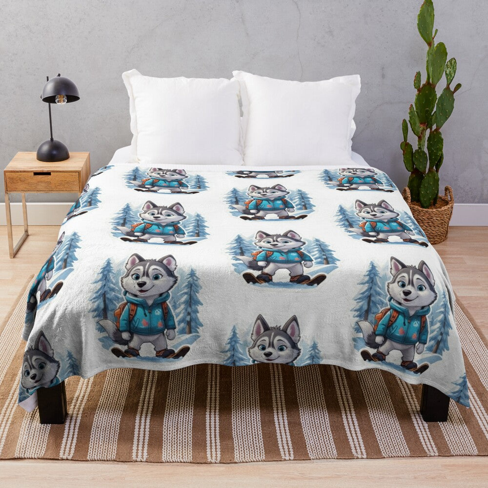 A soft and plush blanket featuring a cartoon image of a husky dog in a winter sports scene