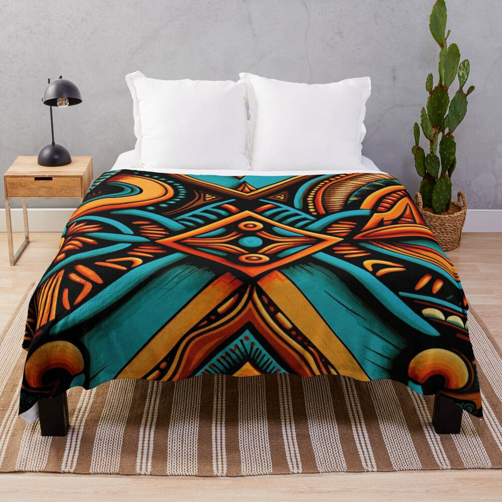 Cozy patterned plush blanket with motifs inspired by African culture