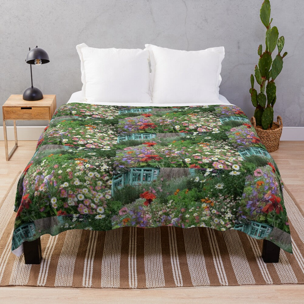 Colorful plush blanket featuring a garden scene with flowers