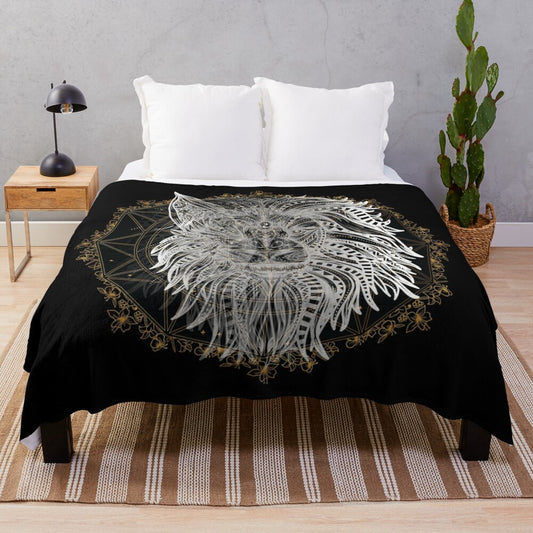 Plush blanket with a detailed mandala design featuring an animal-inspired motif