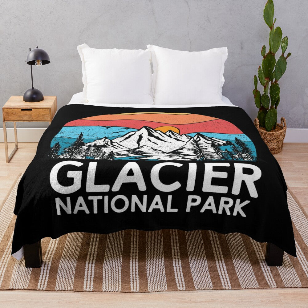 Vintage Montana mountain plush blanket with Glacier National Park inspired design