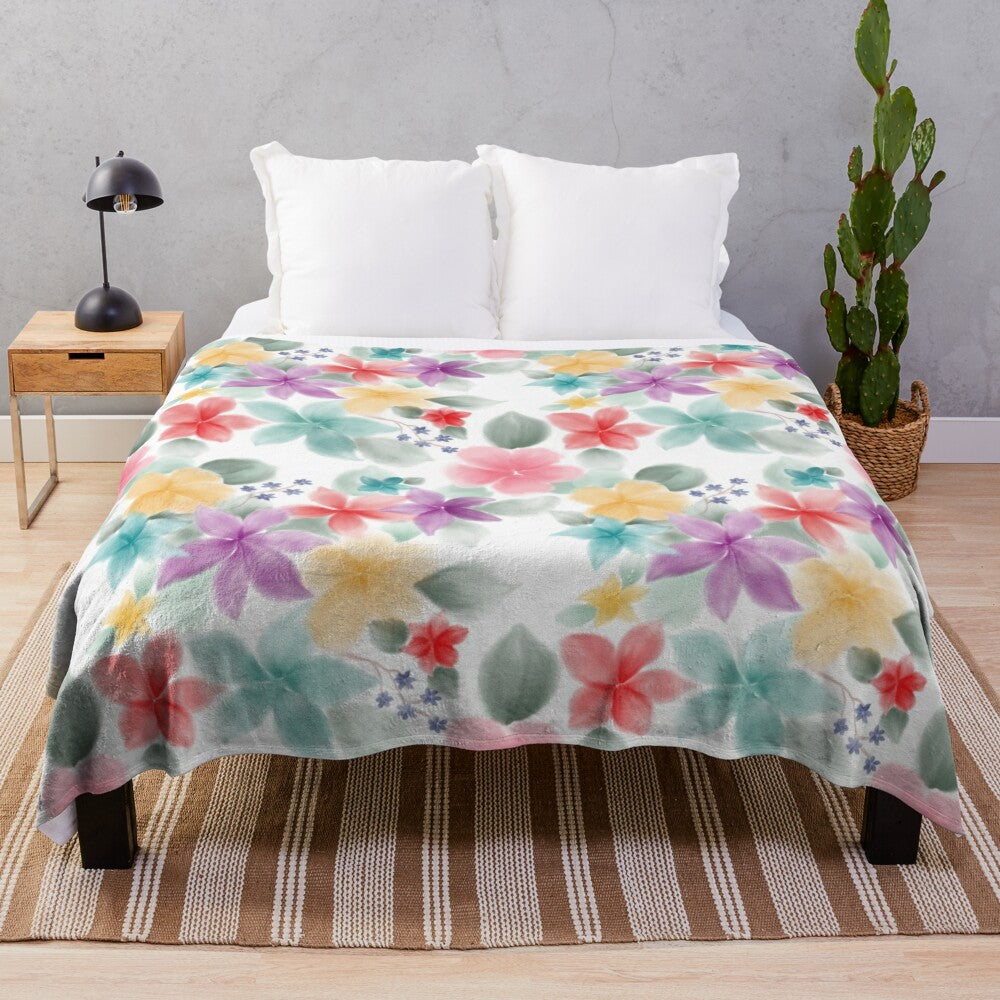 Colorful floral pattern plush blanket with vibrant watercolor-inspired design