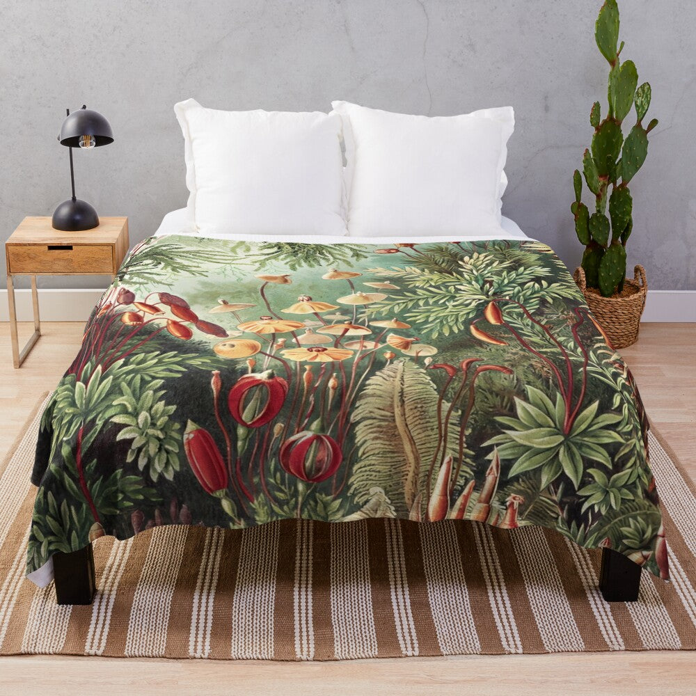 Vintage-inspired plush blanket featuring moss and floral designs, inspired by the botanical art of Ernst Haeckel