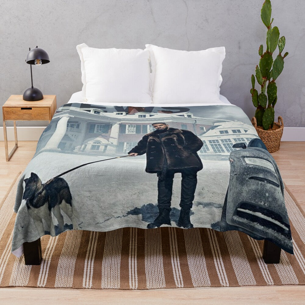 Colorful tapestry plush blanket featuring Drake and his dog