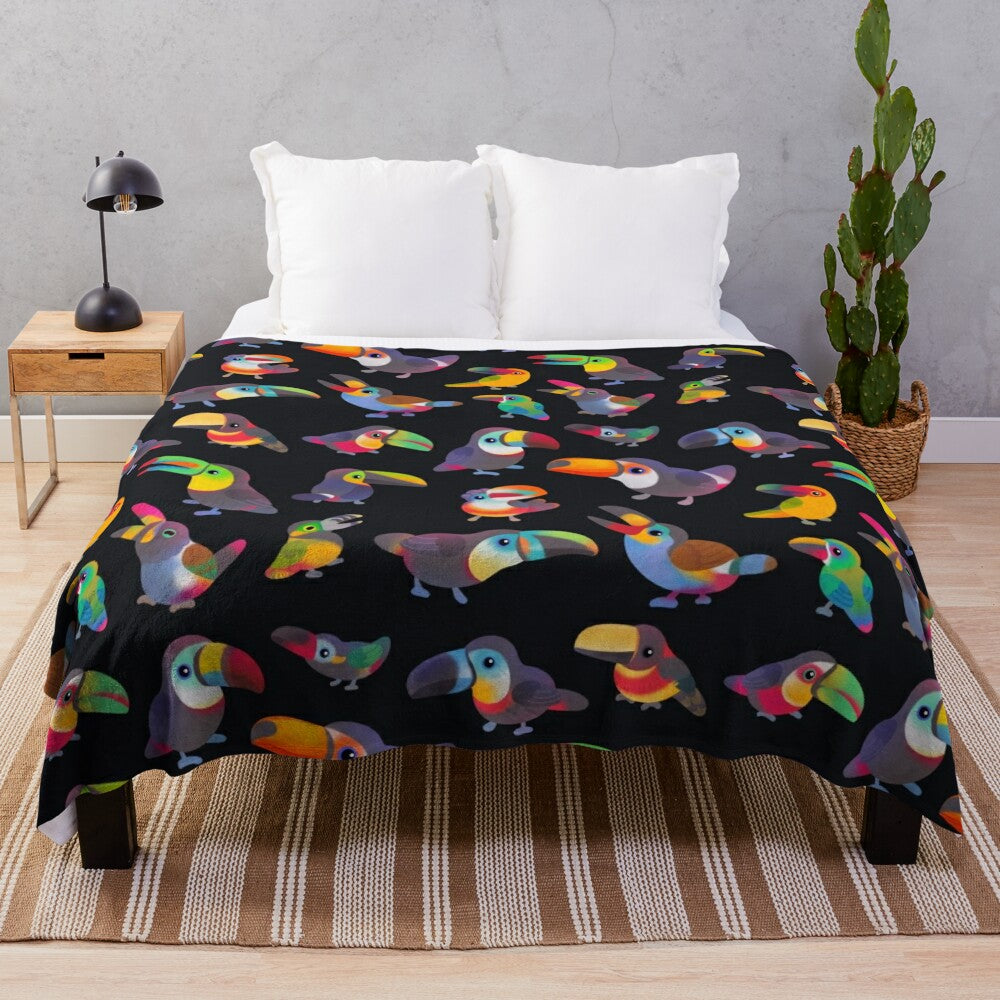 Plush toucan-themed blanket in tropical colors