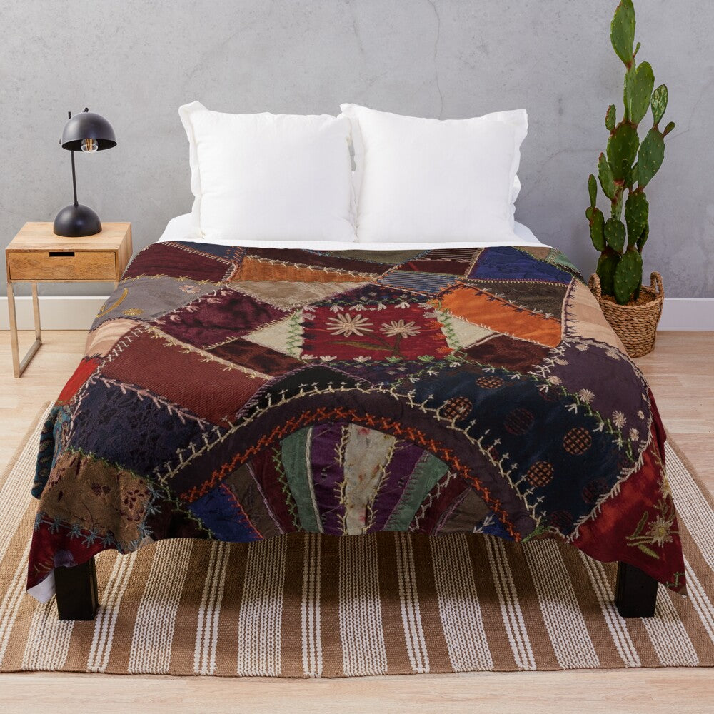 Vintage Bohemian Plush Blanket with Colorful Patchwork Design