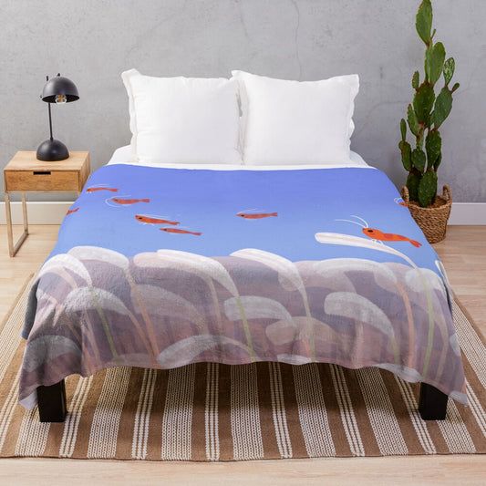 Cherry shrimp plush blanket with underwater scene featuring tropical fish and flora