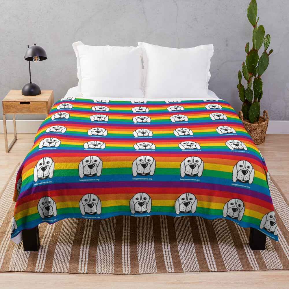 Soft and plush blanket in pride colors supporting animal rescue and LGBTQ+ causes