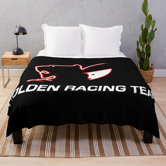 Vintage-inspired black plush blanket with Holden Racing Team design