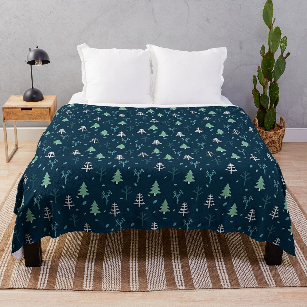 Nordic forest plush blanket with pine trees and fir branches