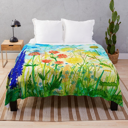 Colorful floral plush blanket with summer garden scene