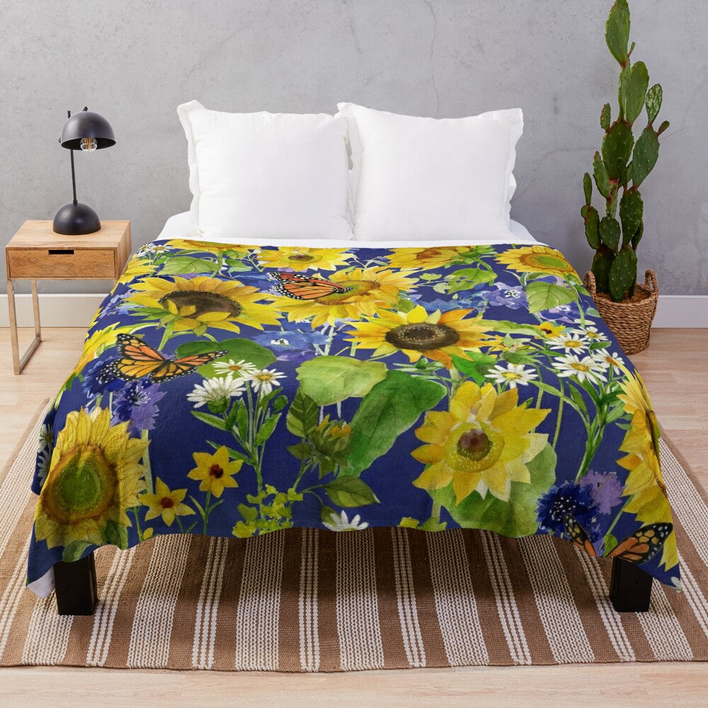 Floral plush blanket with sunflowers and monarch butterflies in a watercolor design