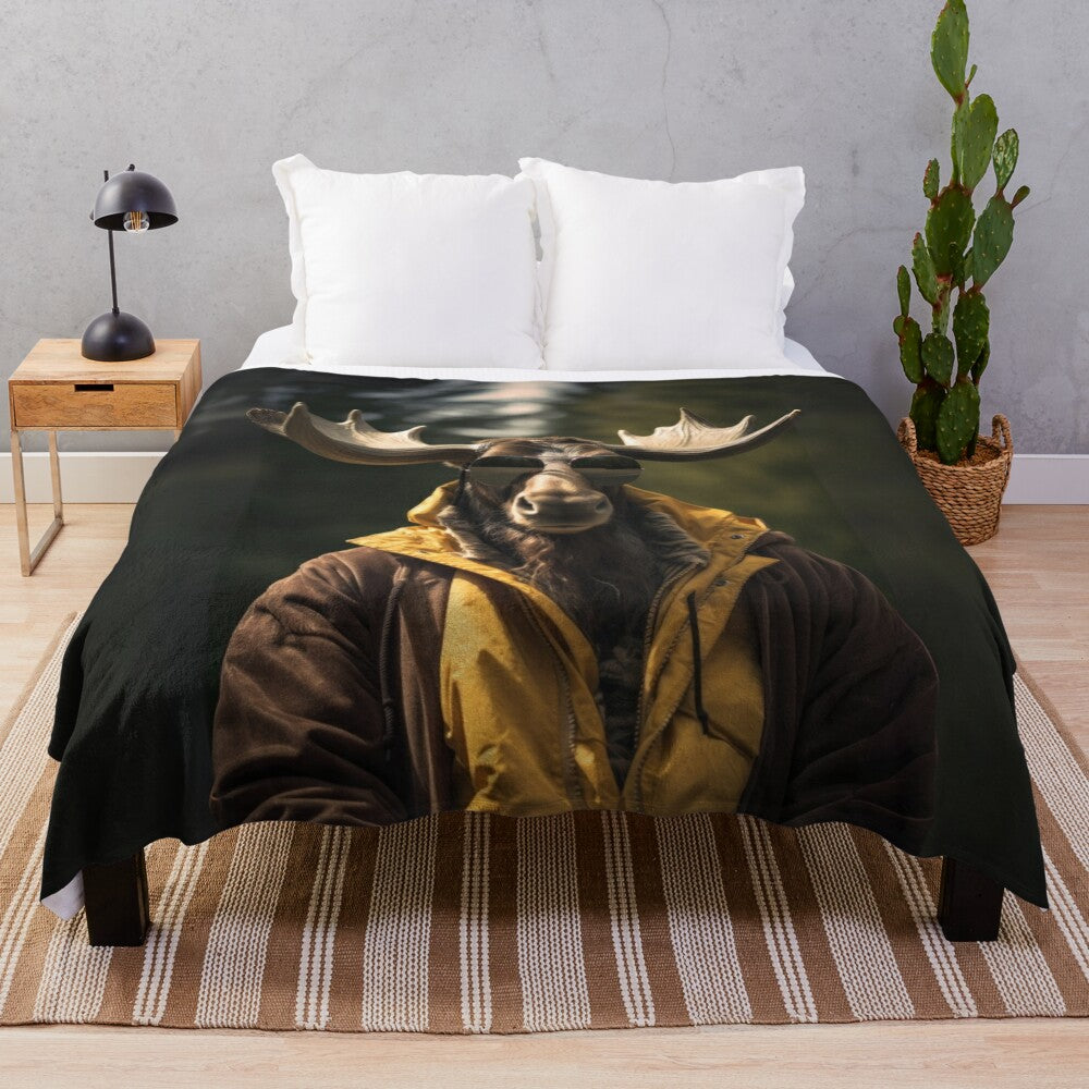 Plush blanket with cool moose in winter gear design