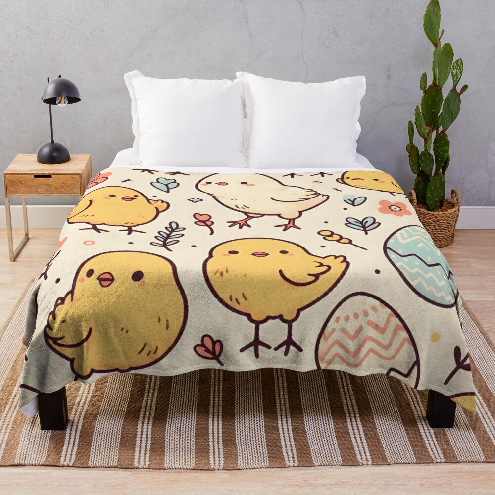 Soft and cozy plush blanket featuring a whimsical design of cute Easter chicks and spring flowers