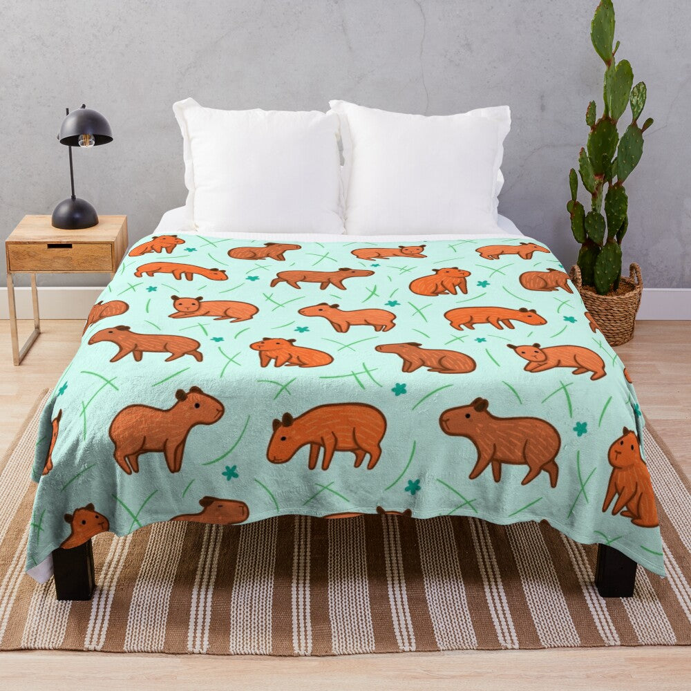 Capybara patterned plush blanket providing soft, warm, and snuggly comfort