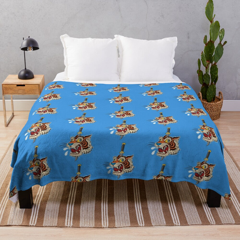 Fierce tiger plush blanket with vintage cartoon and samurai sword design