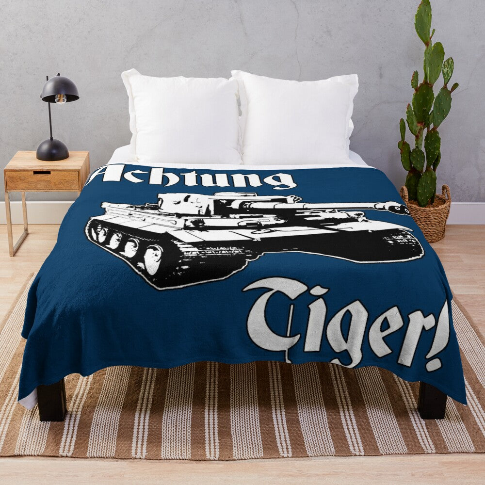 Plush blanket featuring vintage-inspired tiger tanks from World War 2 Germany