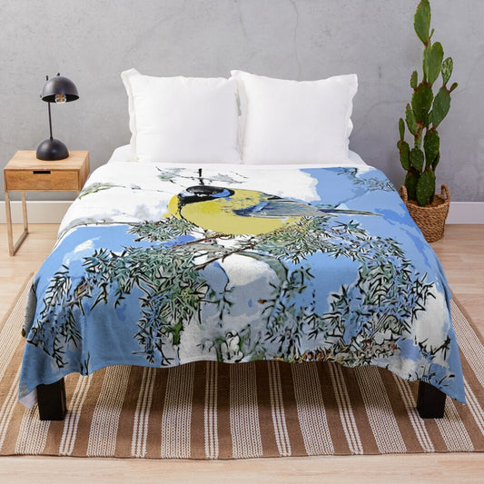 Colorful winter landscape featuring a titmouse bird printed on a soft, plush blanket