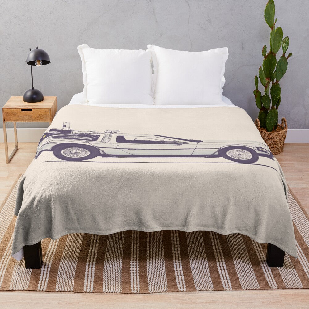 Delorean plush blanket with a vintage movie car design