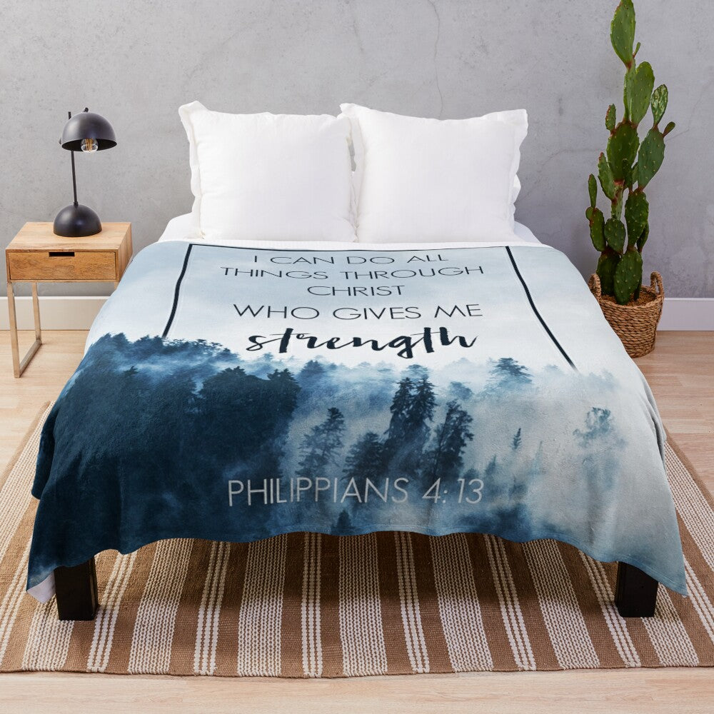 Plush blanket featuring a forest landscape and the Bible verse Philippians 4:13