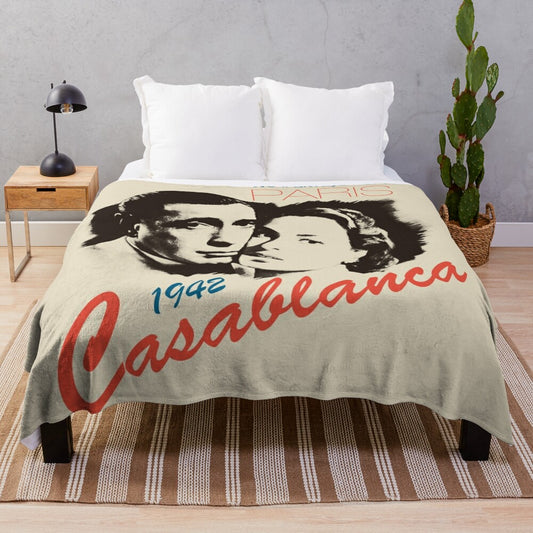 Cozy Casablanca-themed plush blanket featuring Humphrey Bogart and Ingrid Bergman