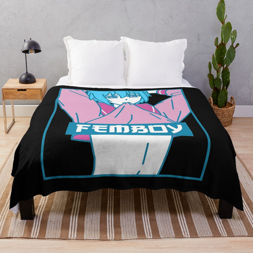 Soft, cozy plush blanket featuring a pastel-colored crossdressing anime boy character