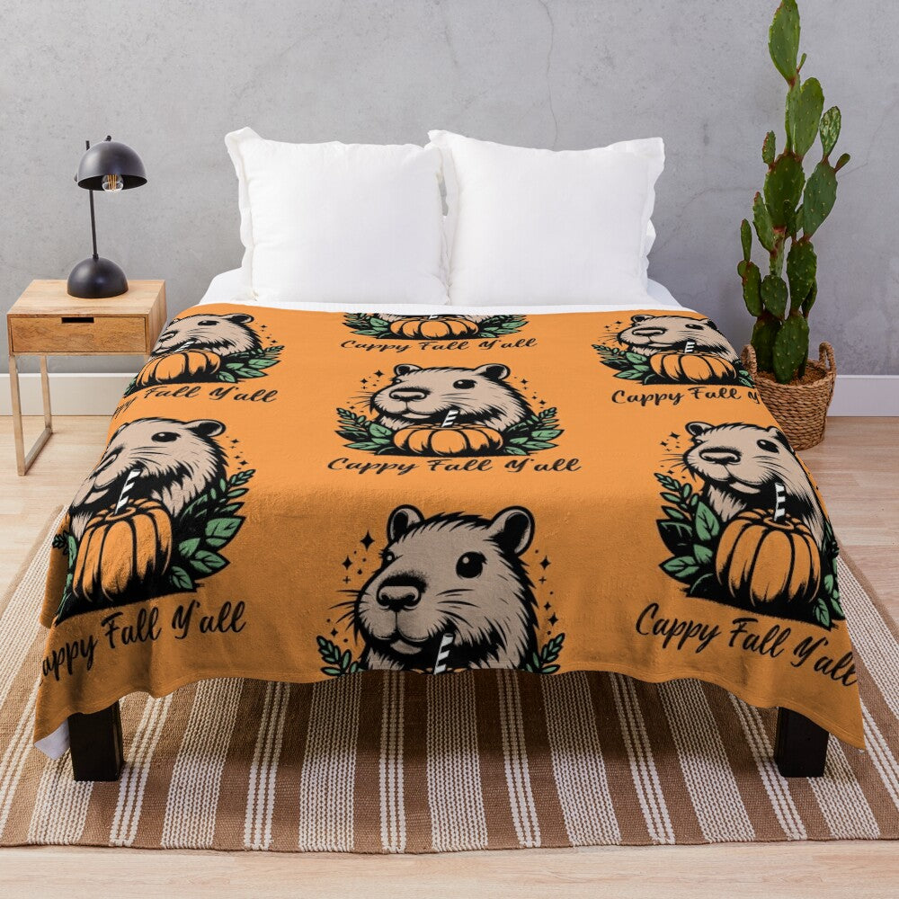 Adorable capybara plush blanket in autumn colors and patterns