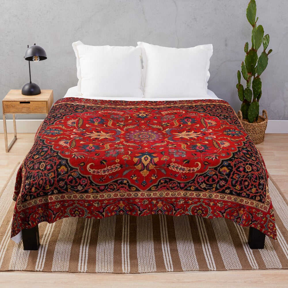 Red Persian-inspired plush blanket with antique rug design