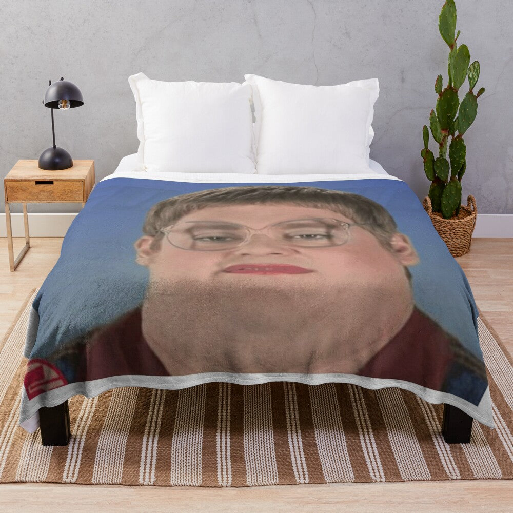 A cozy plush blanket featuring a design inspired by the popular comedy series Tim and Eric